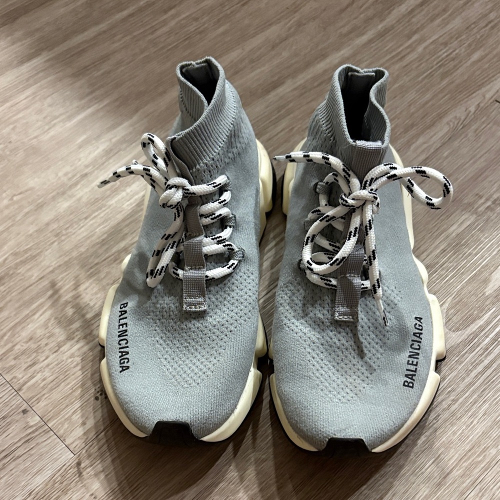 Speed Lace-Up Sneaker in gray knit, white and black sole.
